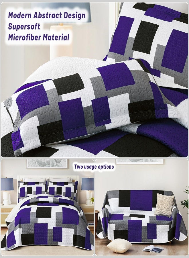 Tyrot 3 Piece Dark Purple Grey Quilt Set Full/Queen Size Black White Geometric Reversible Bedding Set Microfiber Lightweight Bedspread Coverlet with 2 Shams Modern Bed Covers for All Season, 90''x96'' - Image 3